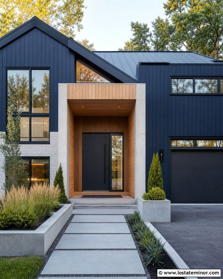 Midnight Blue Modern House With Charcoal Entry Door - 30 Midnight Blue House Design With Entry Door Ideas