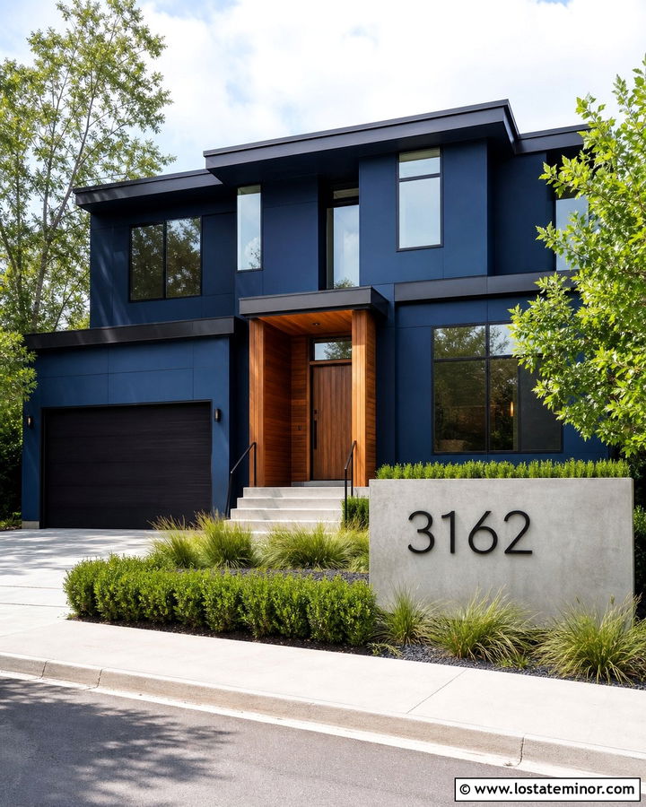 Midnight Blue Modern House With Concrete Address Wall - 30 Midnight Blue House Design With House Numbers Ideas