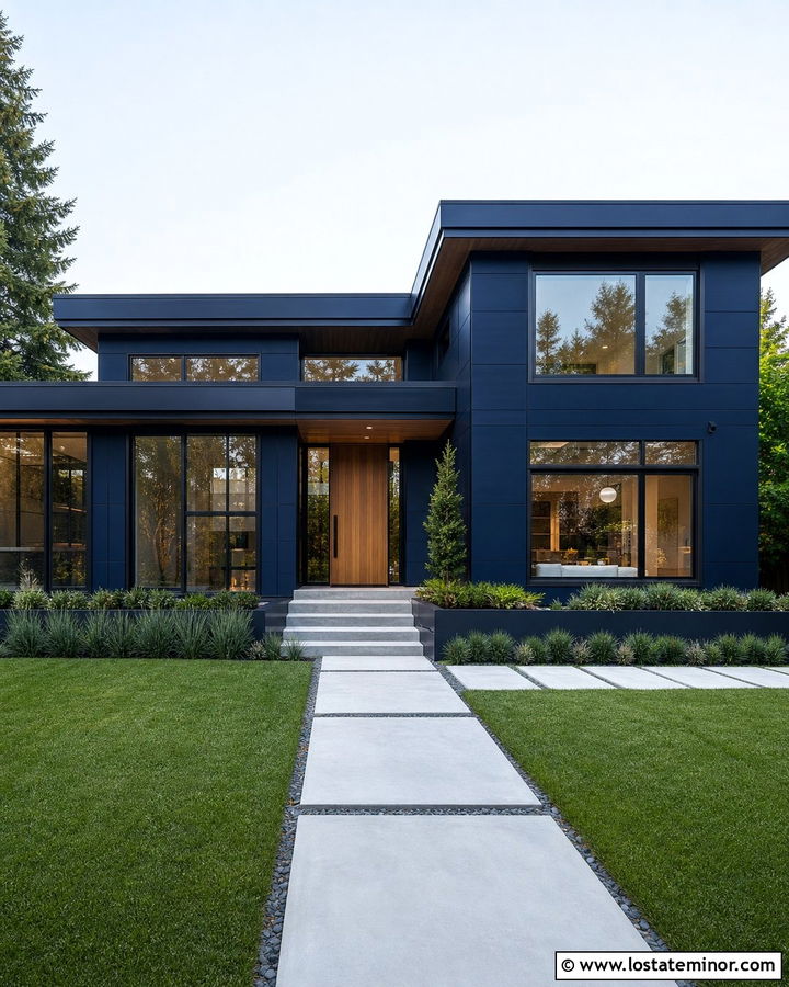 Midnight Blue Modern House With Concrete Porch - 30 Midnight Blue House Design With Front Porch Ideas