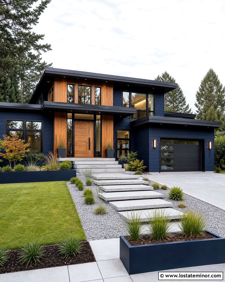 Midnight Blue Modern House With Floating Concrete Steps - 30 Midnight Blue House Design With Steps Ideas