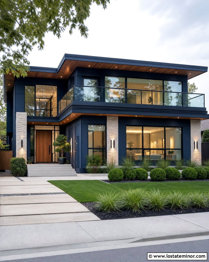 Midnight Blue Modern House With Glass Railings - 30 Midnight Blue House Design With Railings Ideas