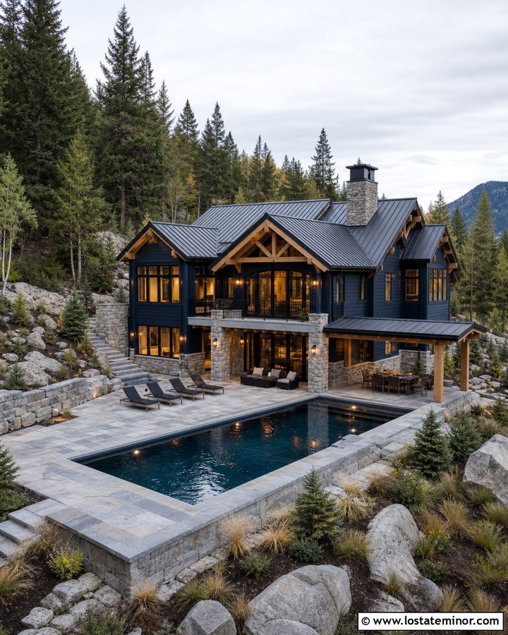 Midnight Blue Mountain House With Pool And Stone Patio - 30 Midnight Blue House Design With Swimming Pool Ideas