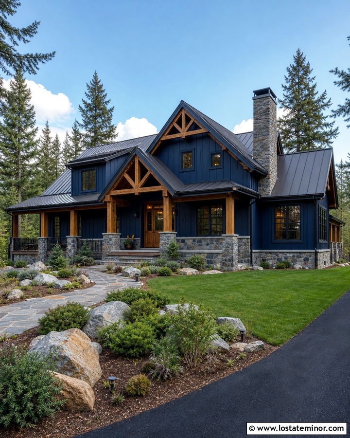 Midnight Blue Mountain House With Timber Gables - 30 Midnight Blue House Design With Gables Ideas