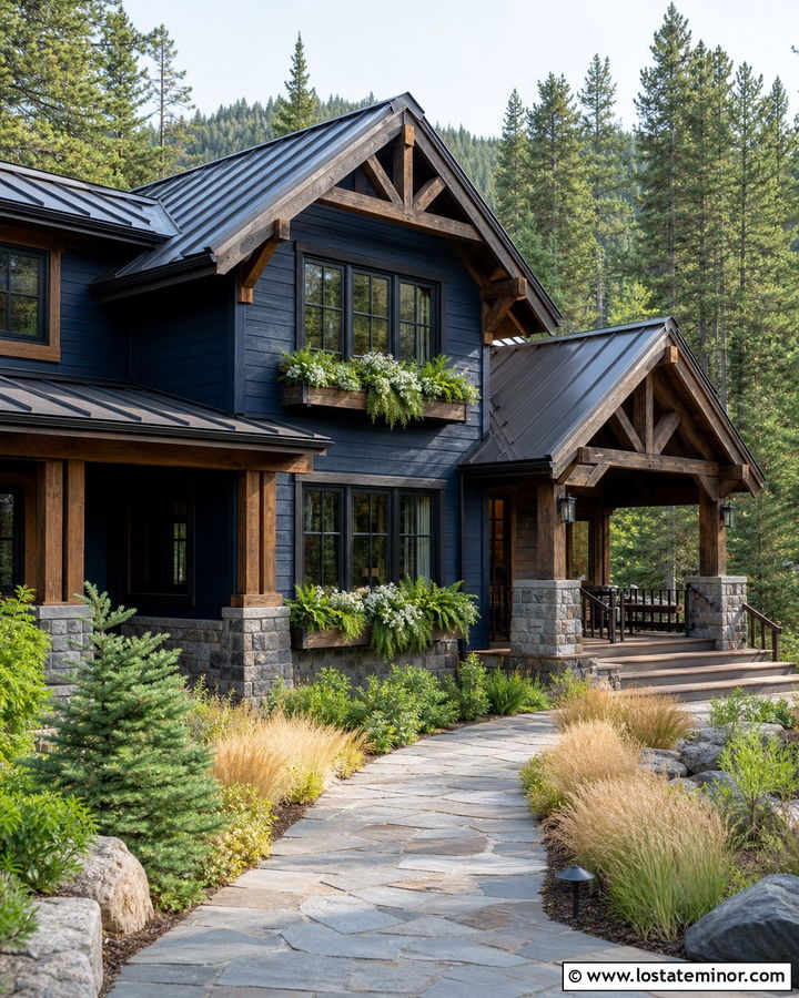 Midnight Blue Mountain House With Timber Window Boxes - 30 Midnight Blue House Design With Window Boxes Ideas