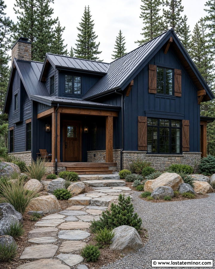 Midnight Blue Mountain House With Walnut Shutters - 30 Midnight Blue House Design With Shutters Ideas