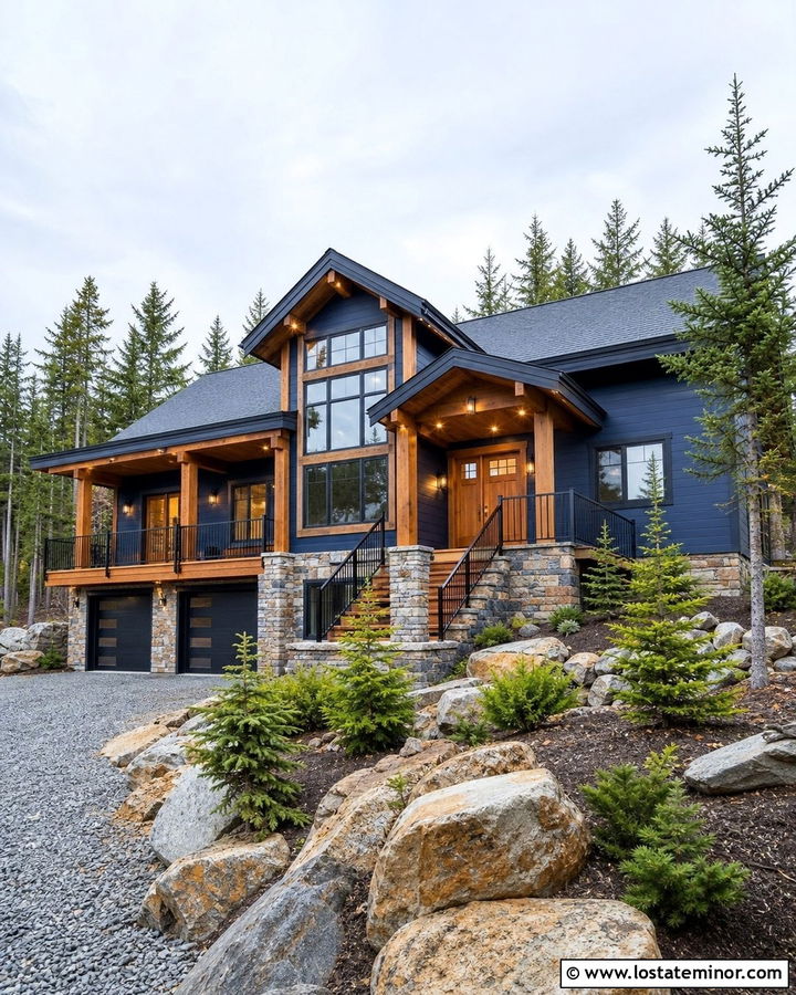Midnight Blue Mountain House With Wood And Metal Railings - 30 Midnight Blue House Design With Railings Ideas