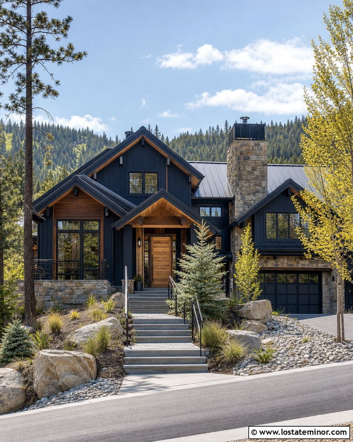 Midnight Blue Mountain Modern House With Stone Steps - 30 Midnight Blue House Design With Steps Ideas