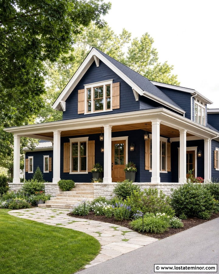 Midnight Blue Porch House With Pale Oak Shutters - 30 Midnight Blue House Design With Shutters Ideas