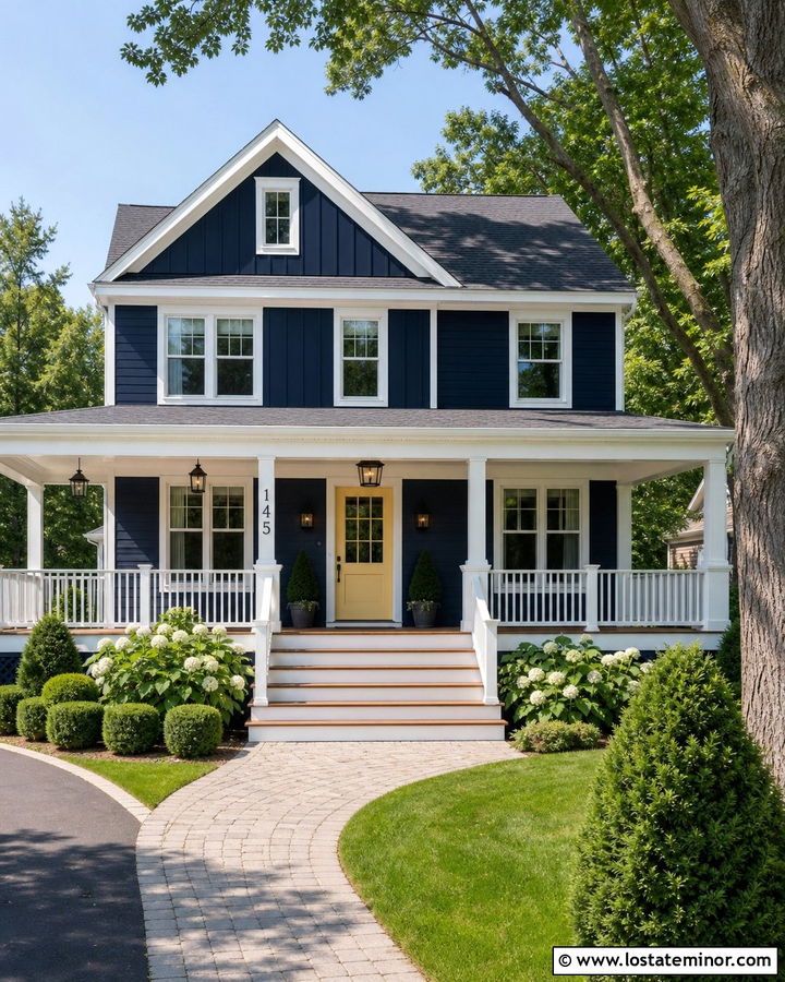 Midnight Blue Porch With White Column Numbers - 30 Midnight Blue House Design With House Numbers Ideas