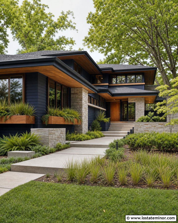 Midnight Blue Prairie House With Cedar Window Boxes - 30 Midnight Blue House Design With Window Boxes Ideas