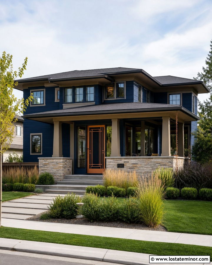 Midnight Blue Prairie House With Copper Screen Door - 30 Midnight Blue House Design With Screen Door Ideas