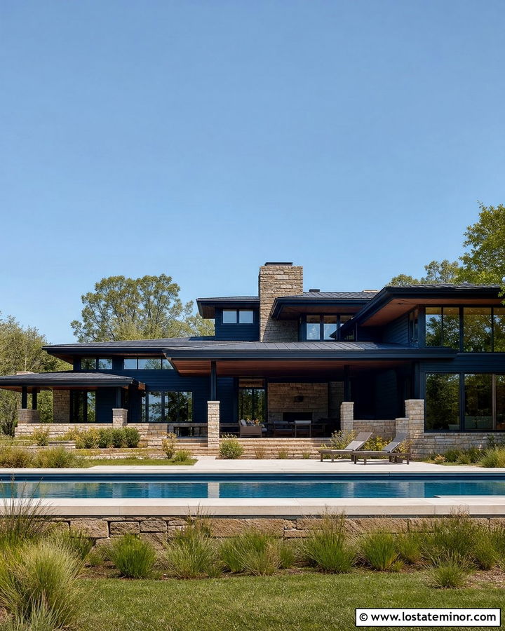 Midnight Blue Prairie House With Horizontal Pool - 30 Midnight Blue House Design With Swimming Pool Ideas