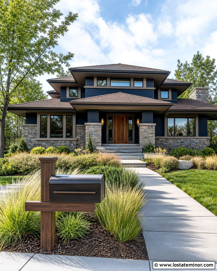 Midnight Blue Prairie House With Low Profile Mailbox - 30 Midnight Blue House Design With Mailbox Ideas