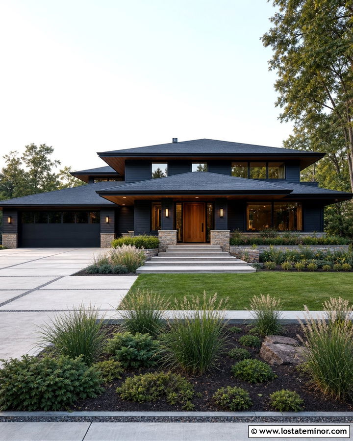 Midnight Blue Prairie House With Low Stone Steps - 30 Midnight Blue House Design With Steps Ideas
