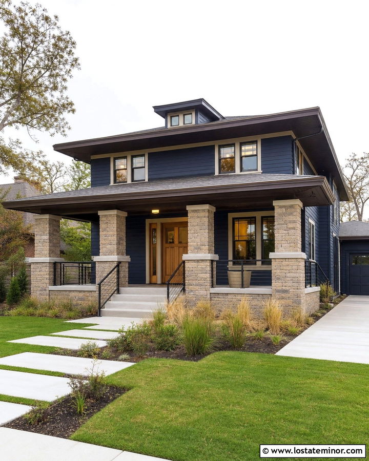 Midnight Blue Prairie House With Masonry Porch Columns - 30 Midnight Blue House Design With Porch Columns Ideas