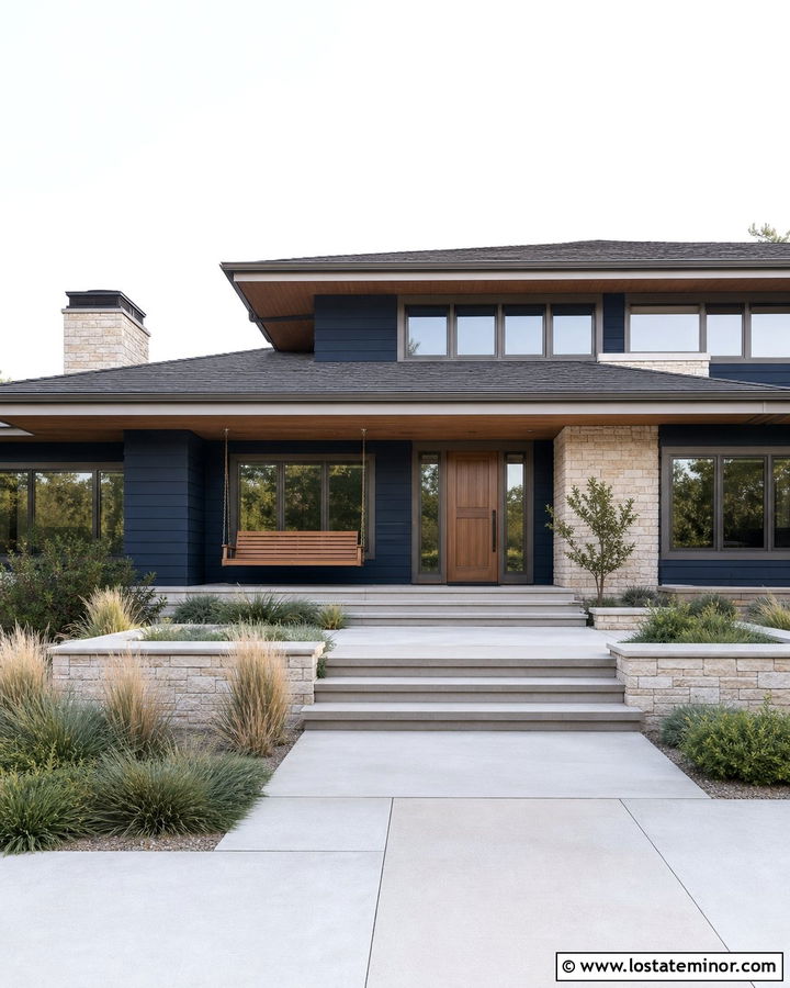 Midnight Blue Prairie House With Teak Swing - 30 Midnight Blue House Design With Swing Ideas