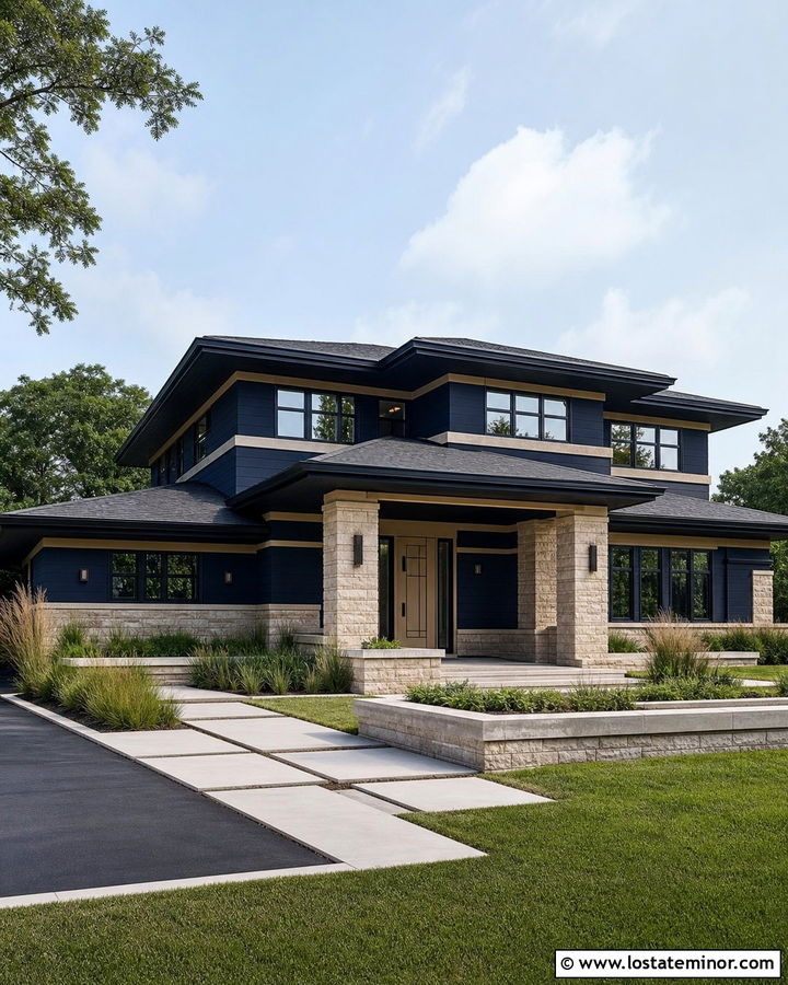 Midnight Blue Prairie House With Warm Beige Entry Door - 30 Midnight Blue House Design With Entry Door Ideas