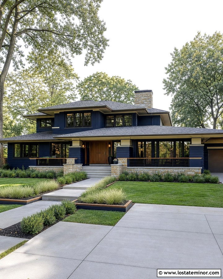 Midnight Blue Prairie House With Wood And Metal Railings - 30 Midnight Blue House Design With Railings Ideas