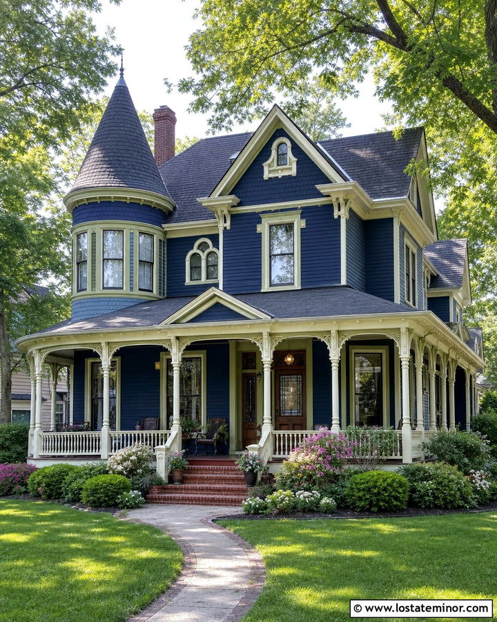 Midnight Blue Queen Anne With Turned Porch Columns - 30 Midnight Blue House Design With Porch Columns Ideas