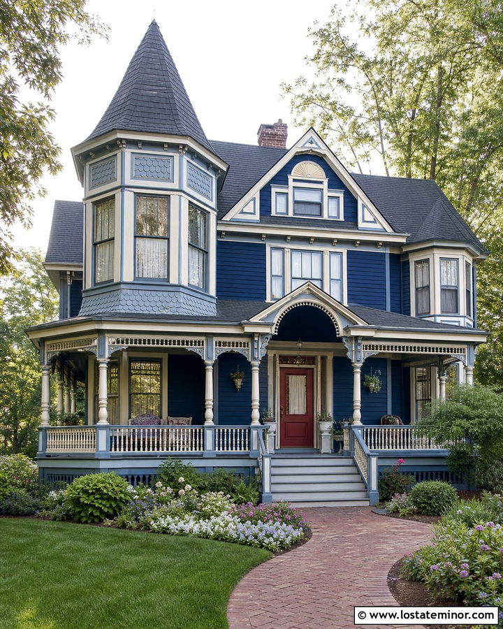 Midnight Blue Queen Anne With Wraparound Porch Steps - 30 Midnight Blue House Design With Steps Ideas