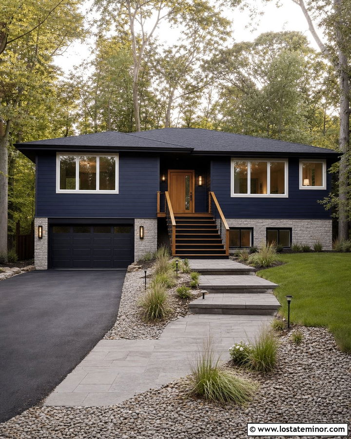 Midnight Blue Raised Ranch With Black Cable Railings - 30 Midnight Blue House Design With Railings Ideas