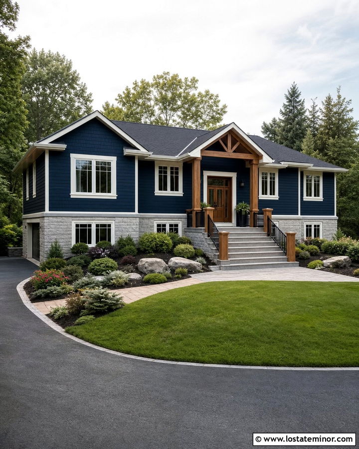 Midnight Blue Raised Ranch With Wood Porch Columns - 30 Midnight Blue House Design With Porch Columns Ideas