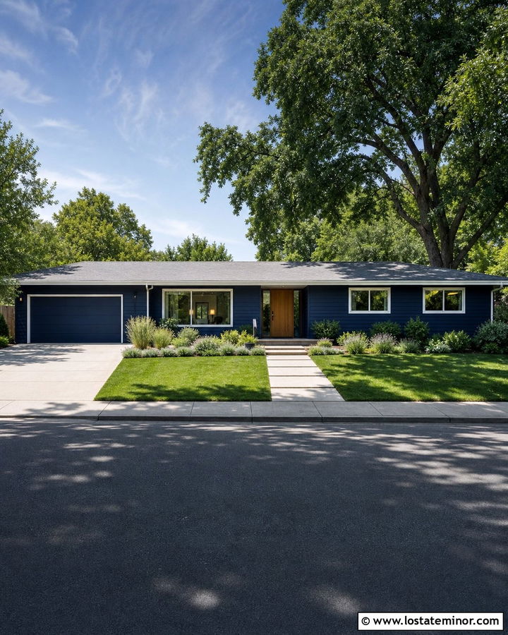 Midnight Blue Ranch House With Broom Finish Driveway - 30 Midnight Blue House Design With Driveway Ideas