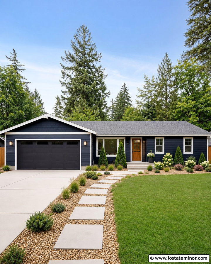 Midnight Blue Ranch House With Low Maintenance Landscaping - 30 Midnight Blue House Design With Landscaping Ideas