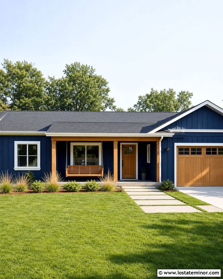 Midnight Blue Ranch House With Oak Swing - 30 Midnight Blue House Design With Swing Ideas