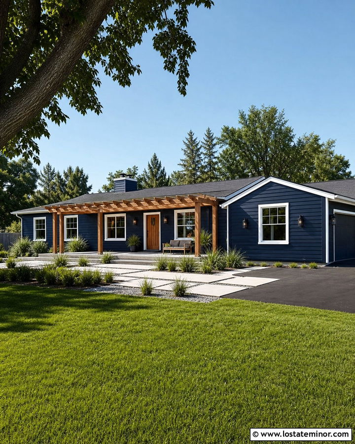Midnight Blue Ranch House With Pergola - 30 Midnight Blue House Design With Pergola Ideas