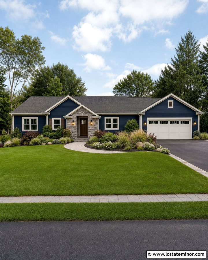 Midnight Blue Ranch House With Stone Entry - 30 Midnight Blue House Design With Stone Accents Ideas
