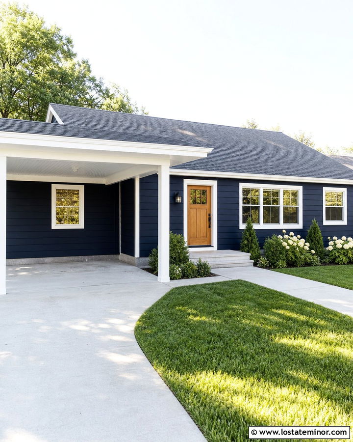 Midnight Blue Ranch House With White Carport - 30 Midnight Blue House Design With Carport Ideas