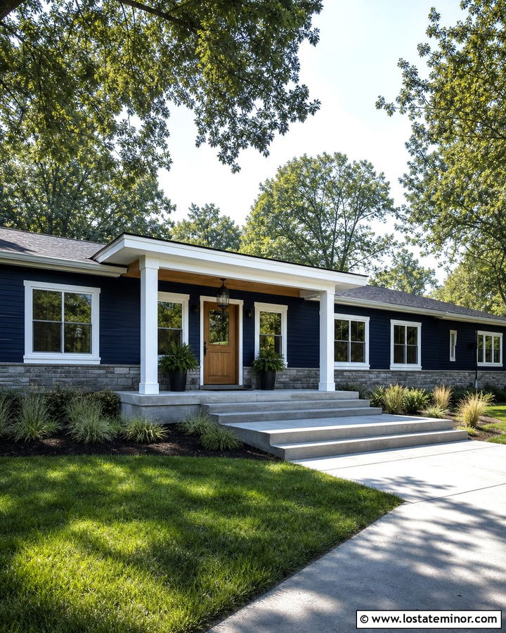 Midnight Blue Ranch House With Wide Portico - 30 Midnight Blue House Design With Portico Ideas