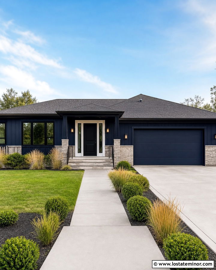 Midnight Blue Ranch With Black Entry Door - 30 Midnight Blue House Design With Entry Door Ideas