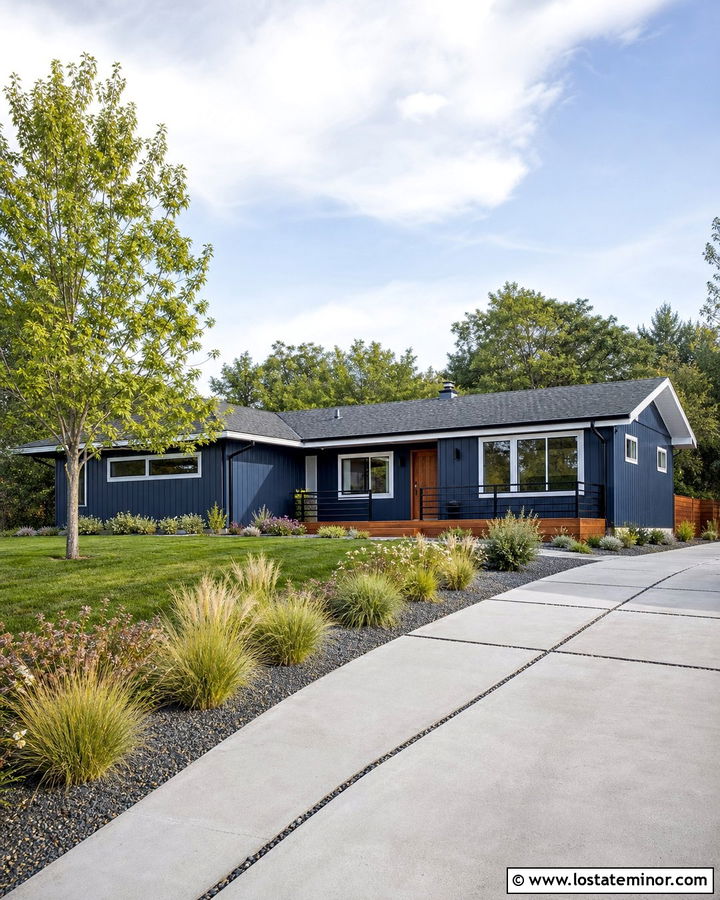 Midnight Blue Ranch With Black Horizontal Railings - 30 Midnight Blue House Design With Railings Ideas