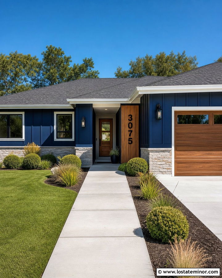Midnight Blue Ranch With Cedar House Number Panel - 30 Midnight Blue House Design With House Numbers Ideas