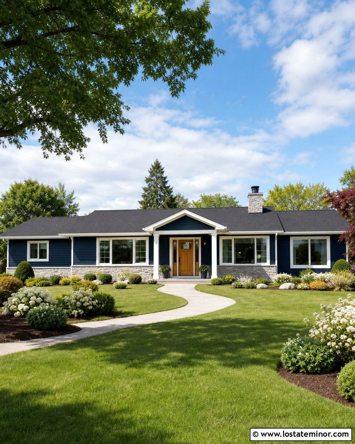 Midnight Blue Ranch With Curved Front Walkway - 30 Midnight Blue House Design With Front Yard Ideas