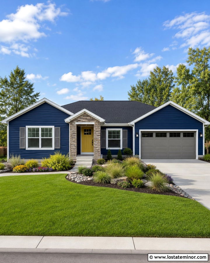 Midnight Blue Ranch With Gray Shutters And Yellow Door - 30 Midnight Blue House Design With Shutters Ideas