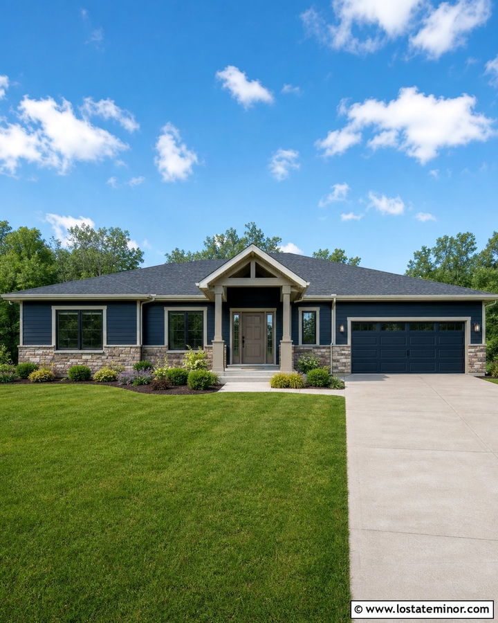 Midnight Blue Ranch With Greige Entry Door - 30 Midnight Blue House Design With Entry Door Ideas