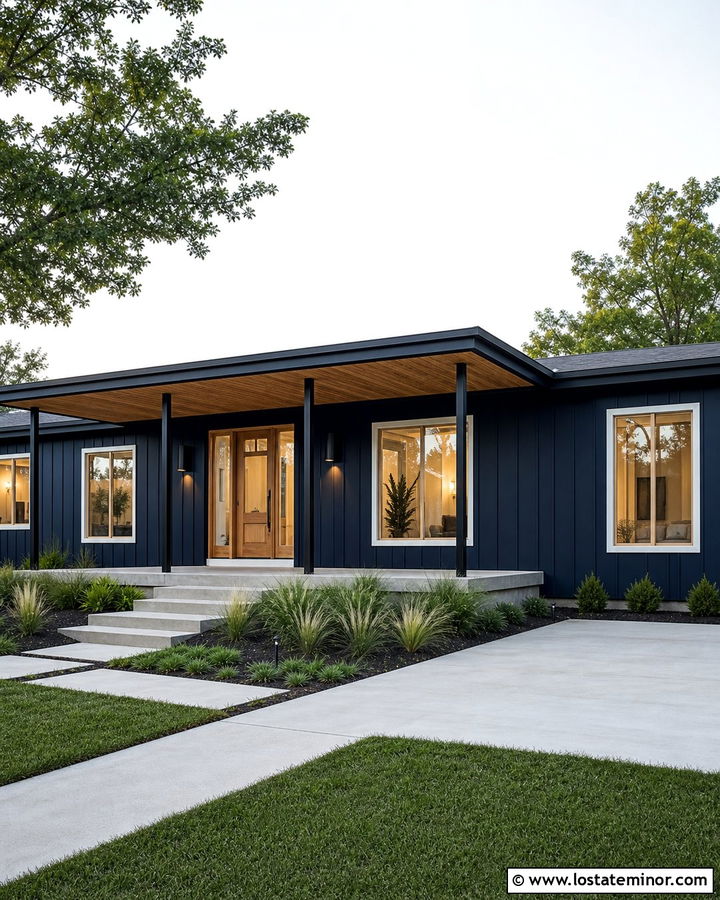 Midnight Blue Ranch With Modern Front Porch - 30 Midnight Blue House Design With Front Porch Ideas