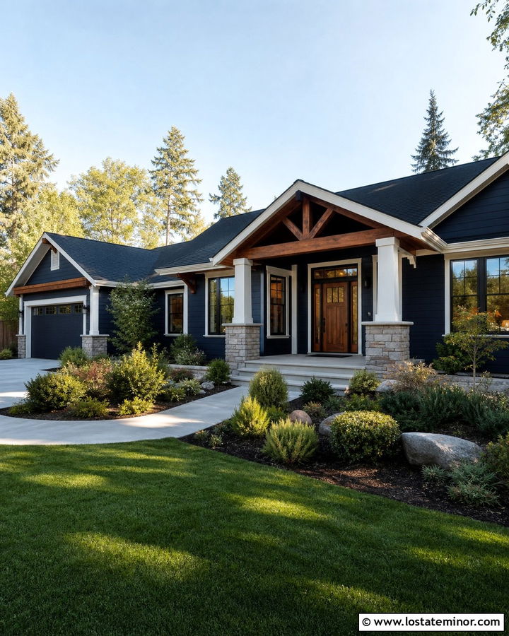 Midnight Blue Ranch With Stone Base Porch Columns - 30 Midnight Blue House Design With Porch Columns Ideas