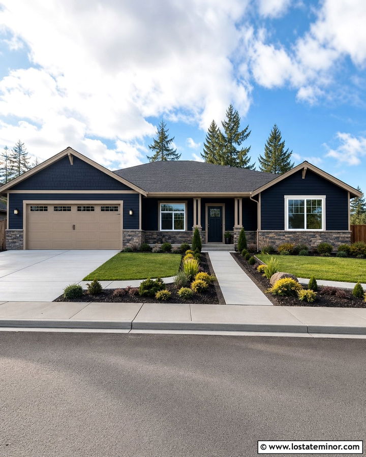 Midnight Blue Ranch With Taupe Garage Door - 30 Midnight Blue House Design With Garage Door Ideas