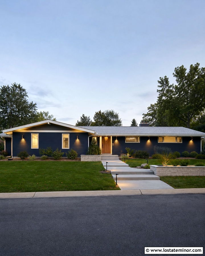 Midnight Blue Ranch With Warm Wall Lights - 30 Midnight Blue House Design With Lighting Ideas