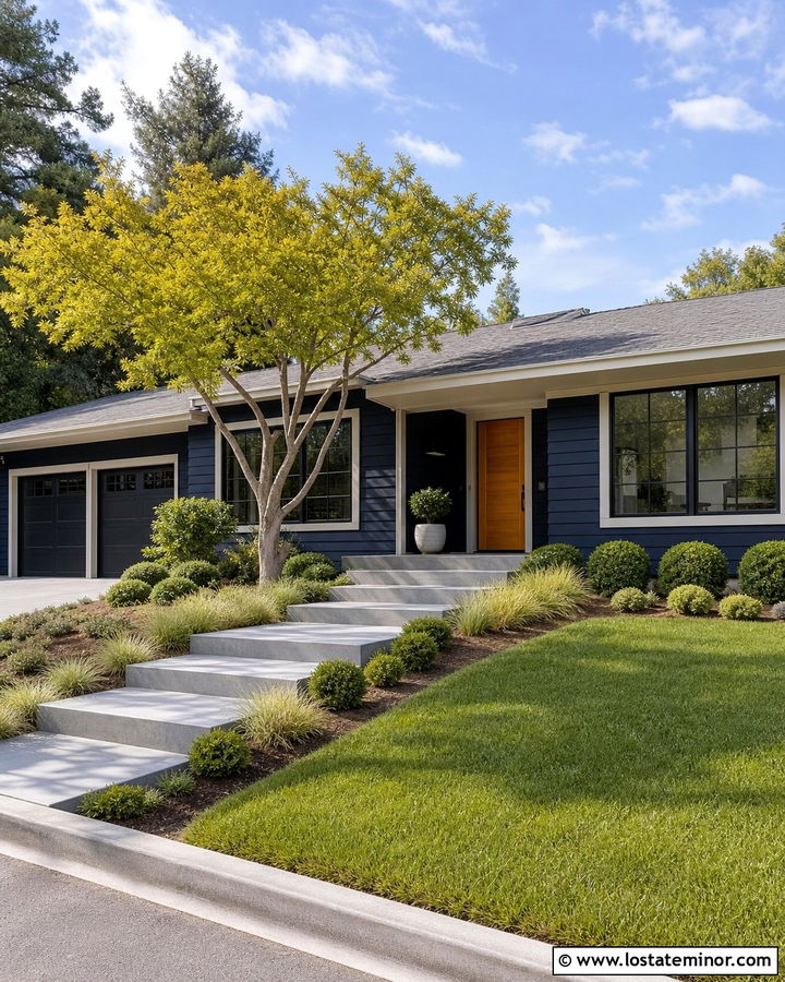 Midnight Blue Ranch With Wide Paver Steps - 30 Midnight Blue House Design With Steps Ideas