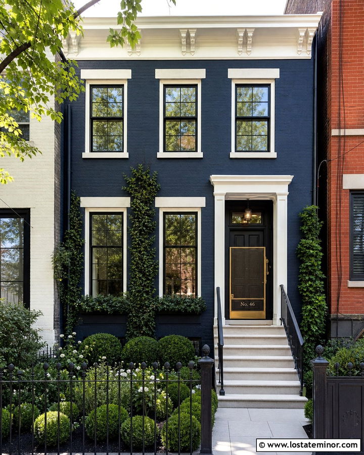 Midnight Blue Row House With Brass Screen Door - 30 Midnight Blue House Design With Screen Door Ideas