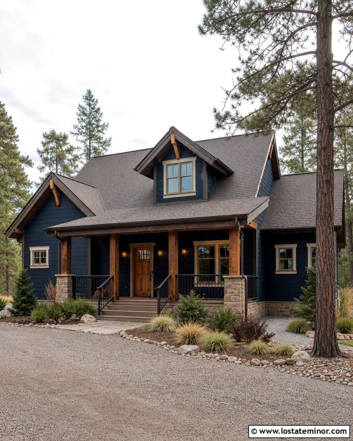 Midnight Blue Rustic House With Bronze Railings - 30 Midnight Blue House Design With Railings Ideas