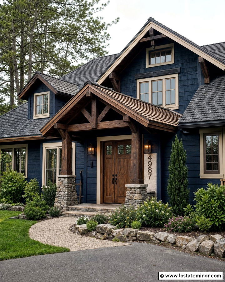 Midnight Blue Rustic House With Carved Wood Numbers - 30 Midnight Blue House Design With House Numbers Ideas