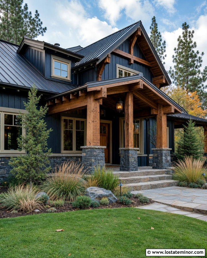 Midnight Blue Rustic House With Timber Porch Columns - 30 Midnight Blue House Design With Porch Columns Ideas