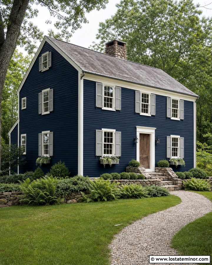 Midnight Blue Saltbox With Gray Window Boxes - 30 Midnight Blue House Design With Window Boxes Ideas