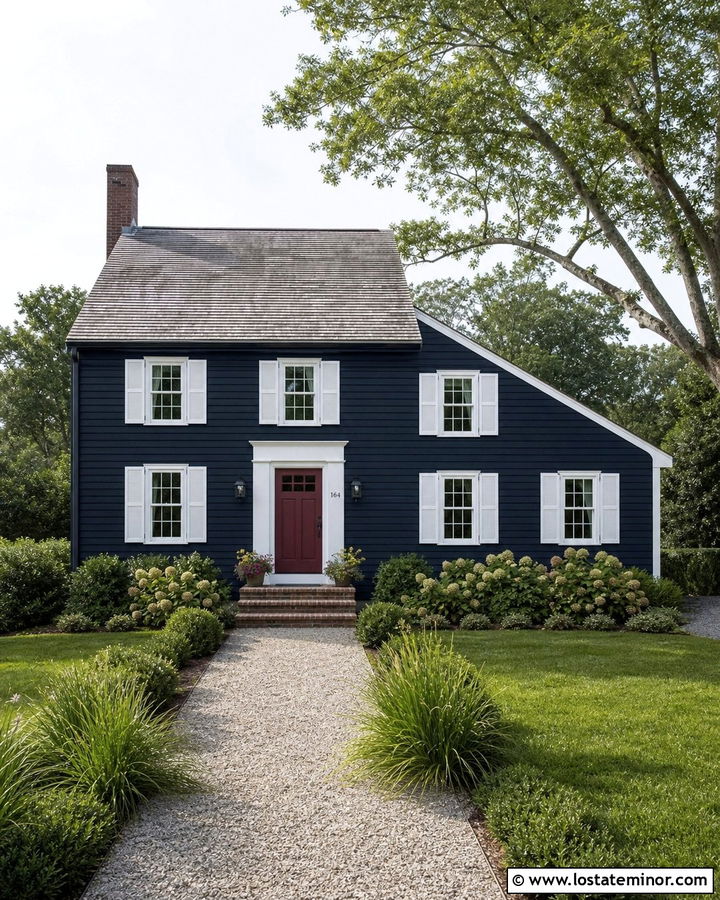 Midnight Blue Saltbox With White Shutters And Gray Roof - 30 Midnight Blue House Design With Shutters Ideas